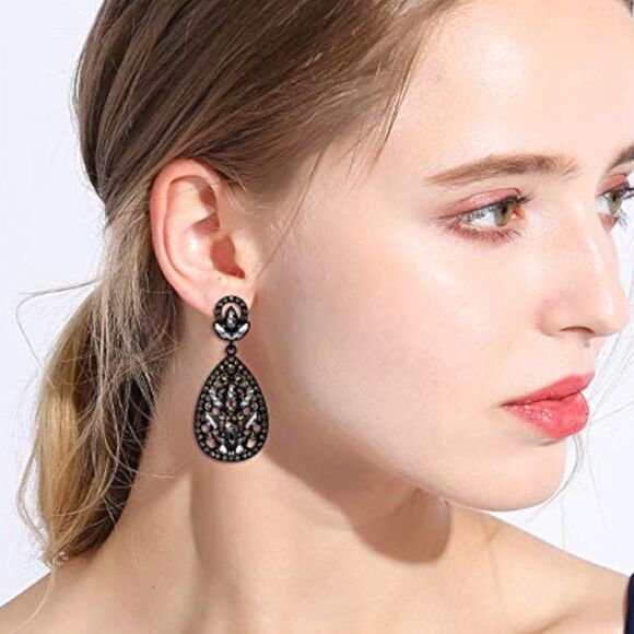 Carbon Black with Charcoal Gray Austrian Crystal Teardrop Chandelier Earrings - Picture 5 of 7